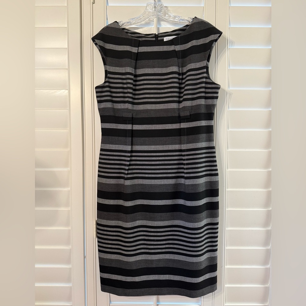 Calvin Klein Black and Gray Striped Midi Dress